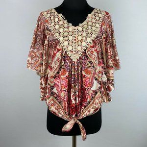 One World S Patterned Crochet Accented Front Tie Hem Blouse